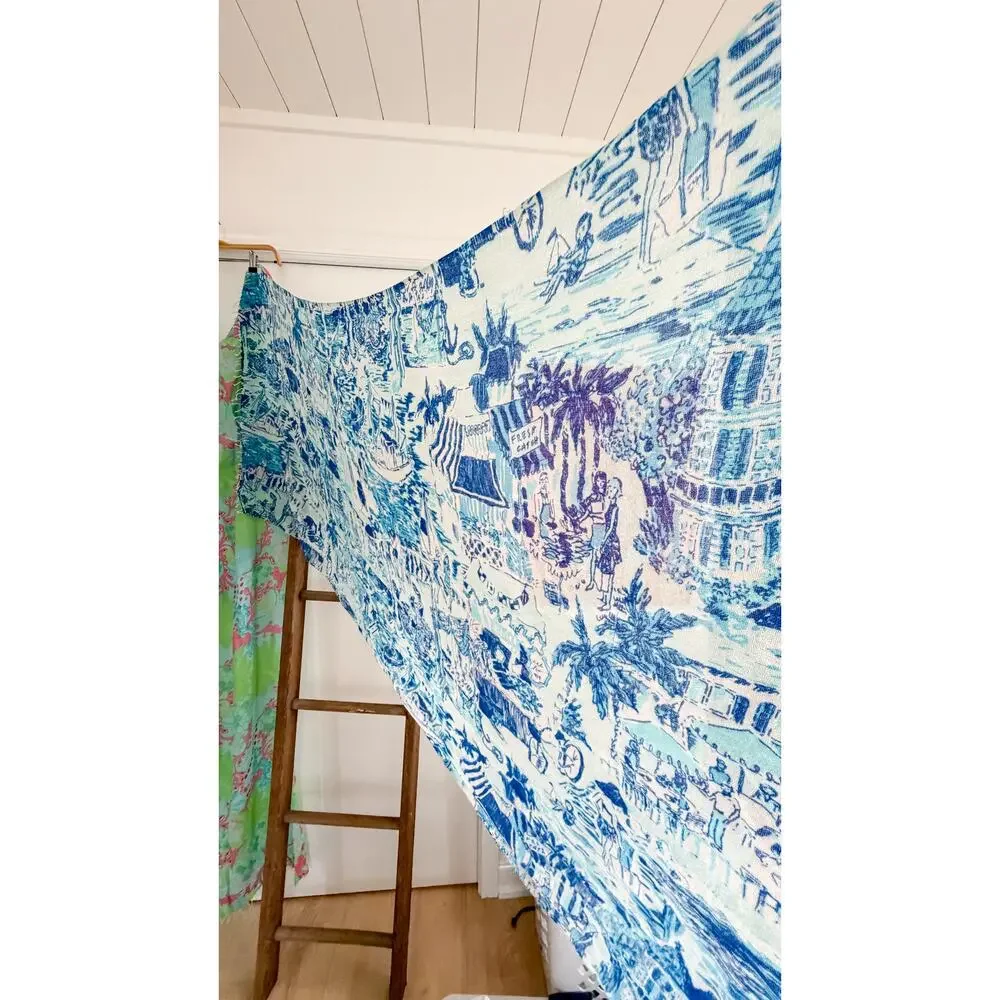 Lilly Pulitzer Silk & Cashmere Blue White Fresh Catch Print Scarf